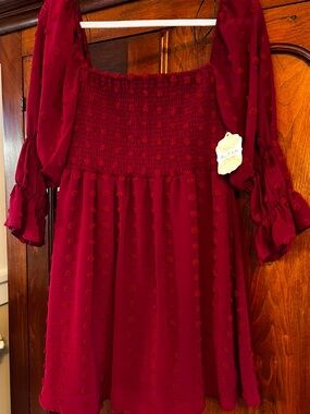 Altar’d State burgundy smocked bodice off the shoulder women’s dress. NWT.